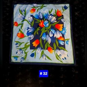 Floral Silk Scarf with Blue and Orange Tulips